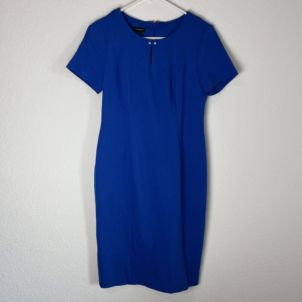 Talbots Dress Womens 2 Blue Sheath Short Sleeve Pearl Detail Career Stretch
